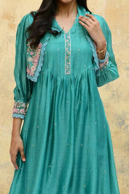 Label Niti Bothra Blue Silk Beads, Pearls V-neck Garden Embroidered Jacket Kurta And Palazzo Set Online at Aza Fashions Label Niti Bothra_Blue Silk Beads, Pearls V-neck Garden Embroidered Jacket Kurta And Palazzo Set _Online_at_Aza_Fashions