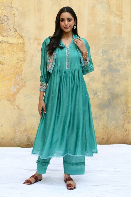 Buy Label Niti Bothra Blue Silk Beads, Pearls V-neck Garden Embroidered Jacket Kurta And Palazzo Set Online at Aza Fashions Buy_Label Niti Bothra_Blue Silk Beads, Pearls V-neck Garden Embroidered Jacket Kurta And Palazzo Set _Online_at_Aza_Fashions