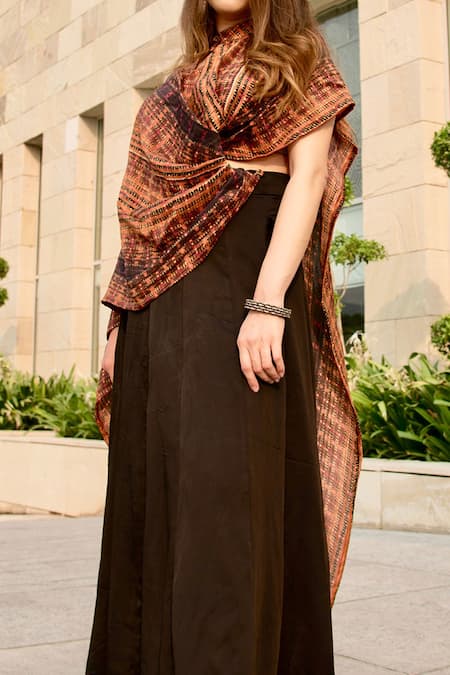 Shop_Studio Surbhi_Black Georgette, Satin Collared Printed Drape Dupatta And Skirt Set _Online_at_Aza_Fashions