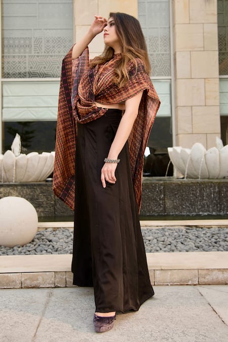 Buy_Studio Surbhi_Black Georgette, Satin Collared Printed Drape Dupatta And Skirt Set _Online_at_Aza_Fashions