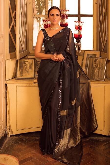 Shop_Priyanka Raajiv_Black Silk, Satin, Brocade, Cotton And Handwoven Dharmini Patch Saree With Blouse _Online_at_Aza_Fashions