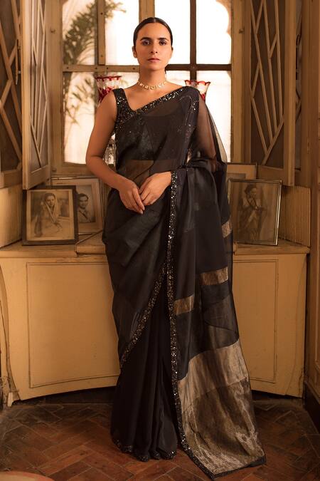 Priyanka Raajiv_Black Silk, Satin, Brocade, Cotton And Handwoven Dharmini Patch Saree With Blouse _at_Aza_Fashions