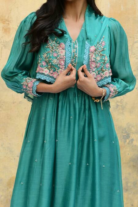 Shop Label Niti Bothra Blue Silk Beads, Pearls V-neck Garden Embroidered Jacket Kurta And Palazzo Set Online at Aza Fashions Shop_Label Niti Bothra_Blue Silk Beads, Pearls V-neck Garden Embroidered Jacket Kurta And Palazzo Set _Online_at_Aza_Fashions