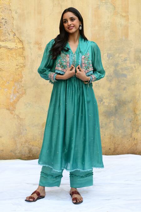 Label Niti Bothra Blue Silk Beads, Pearls V-neck Garden Embroidered Jacket Kurta And Palazzo Set at Aza Fashions Label Niti Bothra_Blue Silk Beads, Pearls V-neck Garden Embroidered Jacket Kurta And Palazzo Set _at_Aza_Fashions