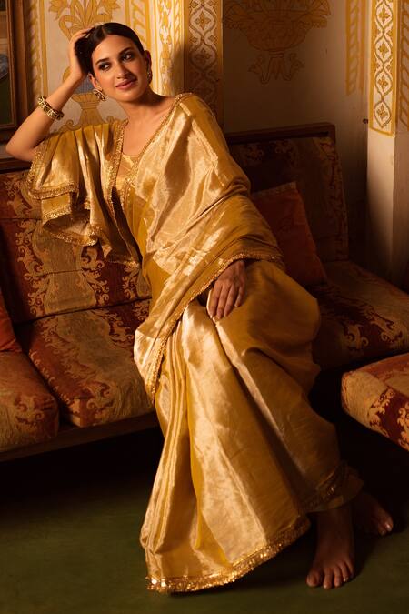 Shop_Priyanka Raajiv_Beige Chanderi Silk Sequin And Metallic Lace Border Bhuvaneshwari Saree _Online_at_Aza_Fashions