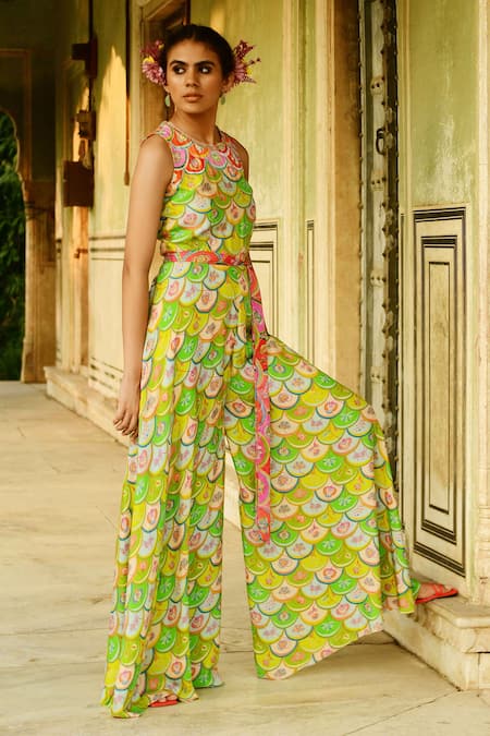 Swati Vijaivargie Multi Color Silk Embroidery Sequin Round Chinar Sleeveless Jumpsuit at Aza Fashions Swati Vijaivargie_Multi Color Silk Embroidery Sequin Round Chinar Sleeveless Jumpsuit _at_Aza_Fashions