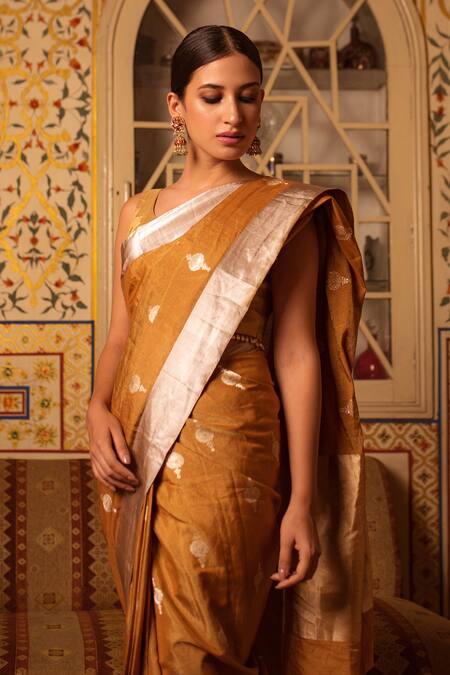 Shop_Priyanka Raajiv_Gold Banarasi Silk Tissue Floral Sharmishtha Saree _Online_at_Aza_Fashions