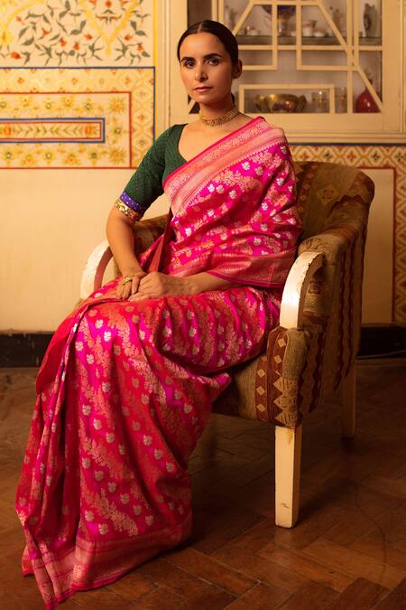 Shop_Priyanka Raajiv_Pink Banarasi Silk Floral, Paisley Lamika Woven Saree _Online_at_Aza_Fashions