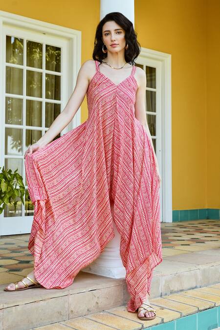 Karaj Jaipur_Pink Muslin Printed Abstract V Neck Draped Jumpsuit_Online_at_Aza_Fashions