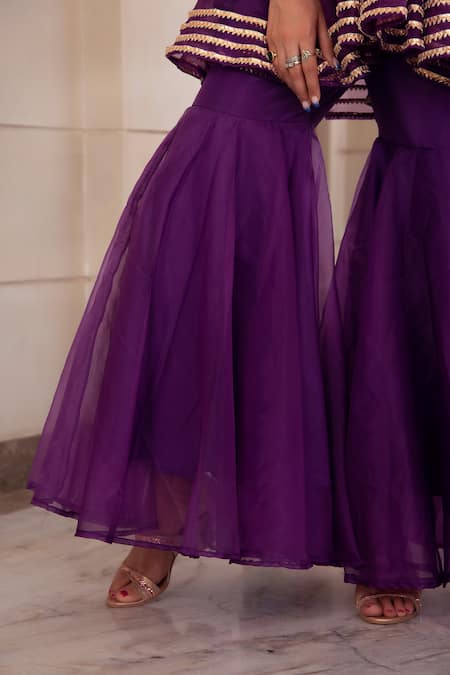 Shop_Pomcha Jaipur_Purple Organza Gota Patti Sweetheart Neck Masakali Peplum Top And Sharara Set _Online_at_Aza_Fashions