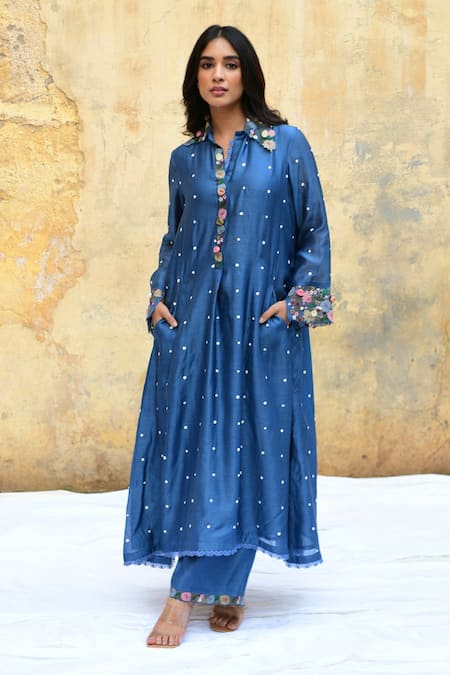 Label Niti Bothra Blue Silk Embroidery Collared Polka Dot Kurta And Palazzo Set Online at Aza Fashions Label Niti Bothra_Blue Silk Embroidery Collared Polka Dot Kurta And Palazzo Set _Online_at_Aza_Fashions