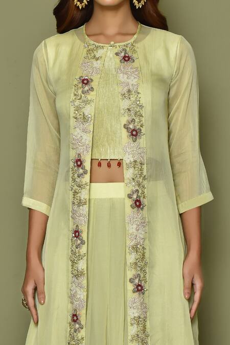 Shop Samyukta Singhania Green Long Jacket With Lehenga Set Online at Aza Fashions Shop_Samyukta Singhania_Green Long Jacket With Lehenga Set _Online_at_Aza_Fashions