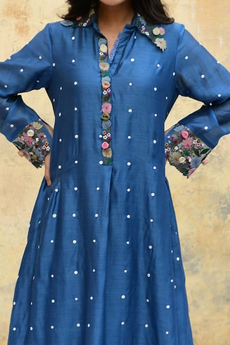 Buy Label Niti Bothra Blue Silk Embroidery Collared Polka Dot Kurta And Palazzo Set Online at Aza Fashions Buy_Label Niti Bothra_Blue Silk Embroidery Collared Polka Dot Kurta And Palazzo Set _Online_at_Aza_Fashions