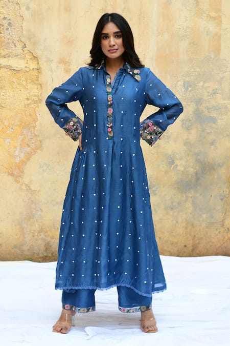 Shop Label Niti Bothra Blue Silk Embroidery Collared Polka Dot Kurta And Palazzo Set Online at Aza Fashions Shop_Label Niti Bothra_Blue Silk Embroidery Collared Polka Dot Kurta And Palazzo Set _Online_at_Aza_Fashions
