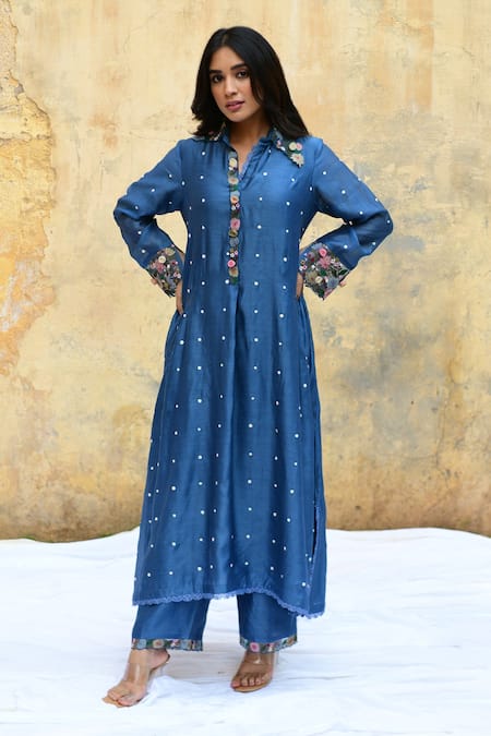 Label Niti Bothra Blue Silk Embroidery Collared Polka Dot Kurta And Palazzo Set at Aza Fashions Label Niti Bothra_Blue Silk Embroidery Collared Polka Dot Kurta And Palazzo Set _at_Aza_Fashions