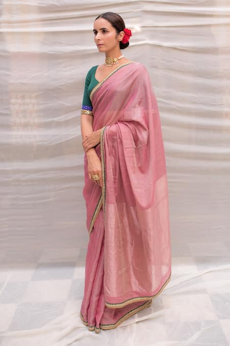 Buy Priyanka Raajiv Pink Chanderi Silk Zardozi Lace Border Durga Embroidered Saree Online at Aza Fashions Buy_Priyanka Raajiv_Pink Chanderi Silk Zardozi Lace Border Durga Embroidered Saree _Online_at_Aza_Fashions