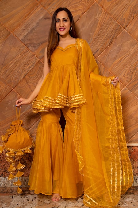 Pomcha Jaipur_Yellow Organza, Lining Cotton Gota Sweetheart Murat Embroidered Top Sharara Set _Online_at_Aza_Fashions