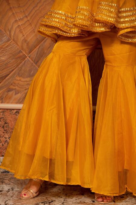 Buy_Pomcha Jaipur_Yellow Organza, Lining Cotton Gota Sweetheart Murat Embroidered Top Sharara Set _Online_at_Aza_Fashions