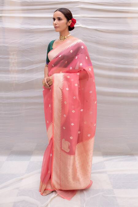 Priyanka Raajiv_Pink Organza Silk Paisley Pattern Aisaa Brocade Saree_Online_at_Aza_Fashions