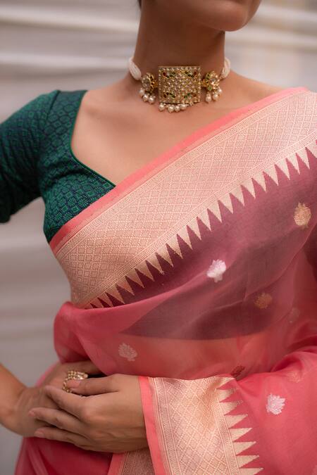 Buy_Priyanka Raajiv_Pink Organza Silk Paisley Pattern Aisaa Brocade Saree_Online_at_Aza_Fashions