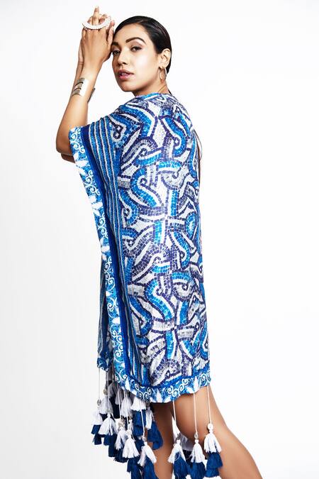 Shop_Anmol Kakad_Blue Cotton, Silk Tassels Open Neck Mosaic Pattern Hem Cover Up_Online_at_Aza_Fashions