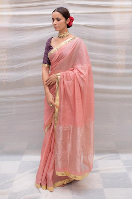 Priyanka Raajiv_Pink Chanderi Silk Nandini Saree _Online_at_Aza_Fashions