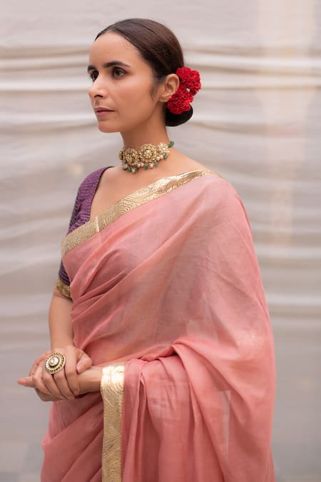 Shop_Priyanka Raajiv_Pink Chanderi Silk Nandini Saree _Online_at_Aza_Fashions