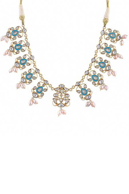 Buy_Ajooni Jewels_Gold Plated Pearls, Metallic Devi Enamelled Kundan Embellished Necklace Set _Online_at_Aza_Fashions