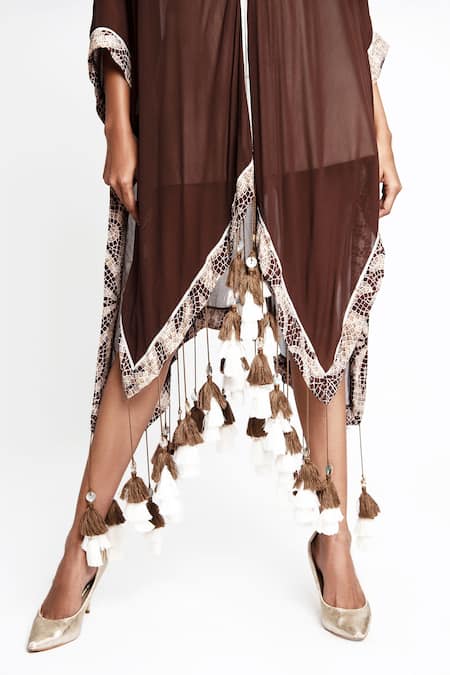 Shop_Anmol Kakad_Brown Cotton, Silk Tassels V-neck Sheer Hem Cover Up_Online_at_Aza_Fashions