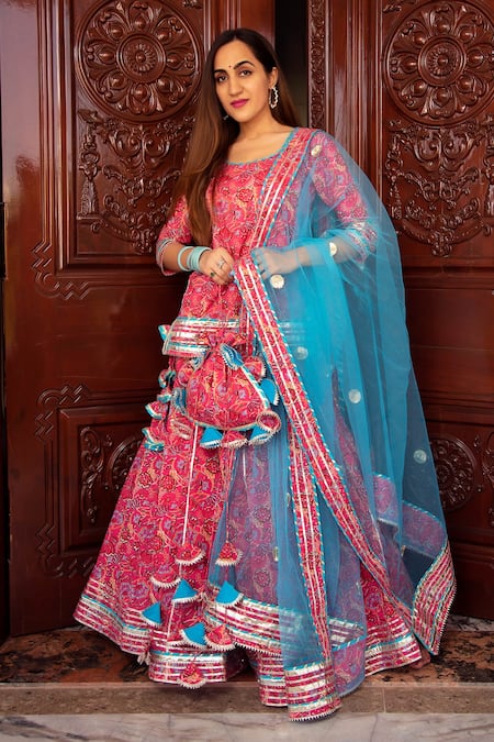 Shop Pomcha Jaipur Pink Dupatta Soft Net, Kurta And Skirt Cotton, Lining Naaz Printed Set Online at Aza Fashions Shop_Pomcha Jaipur_Pink Dupatta Soft Net, Kurta And Skirt Cotton, Lining Naaz Printed Set _Online_at_Aza_Fashions