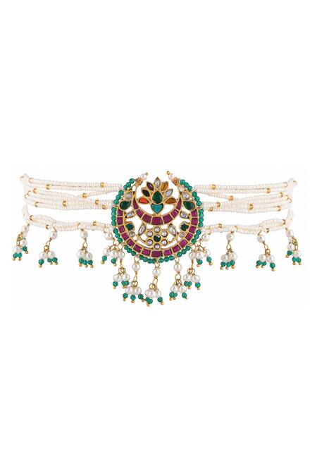 Ajooni Jewels_Gold Plated Pearls, Stones, Gota Patti Navratan Kundan Embellished Choker Set _Online_at_Aza_Fashions