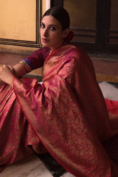 Buy_Priyanka Raajiv_Pink Banarasi Silk Floral Jaya Woven Saree_Online_at_Aza_Fashions