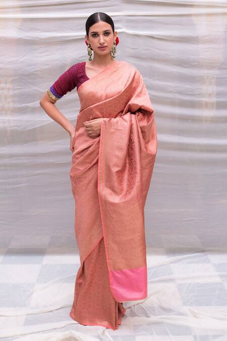 Priyanka Raajiv_Pink Banarasi Silk Floral Minakshi Woven Saree_Online_at_Aza_Fashions