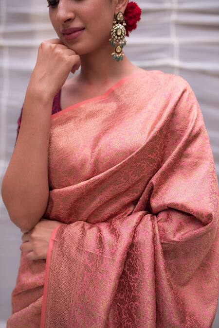 Priyanka Raajiv_Pink Banarasi Silk Floral Minakshi Woven Saree_at_Aza_Fashions