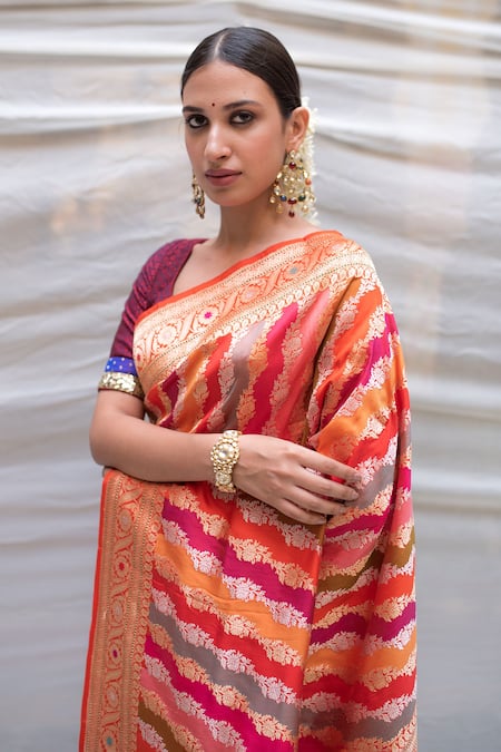 Priyanka Raajiv_Red Silk, Banarasi Rangkaat Kadua Floral, Stripe Karni Woven Saree_at_Aza_Fashions