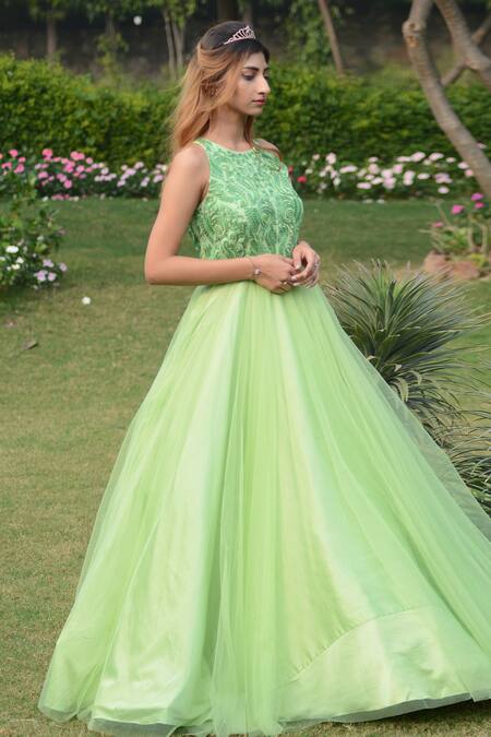 House Of Mithi Kalra_Green Tulle Sequins, Embroidery Round Neck Bodice Gown _Online_at_Aza_Fashions