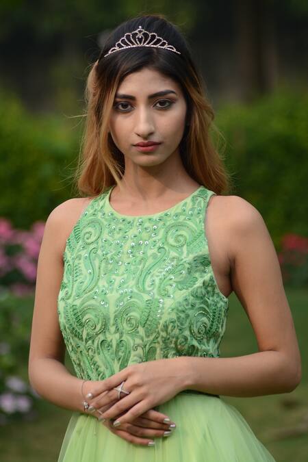 Buy_House Of Mithi Kalra_Green Tulle Sequins, Embroidery Round Neck Bodice Gown _Online_at_Aza_Fashions