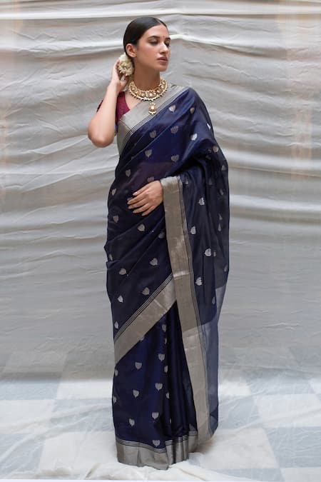 Buy_Priyanka Raajiv_Blue Chanderi Silk Lotus Pattern And Stripe Border Devi Saree _Online_at_Aza_Fashions