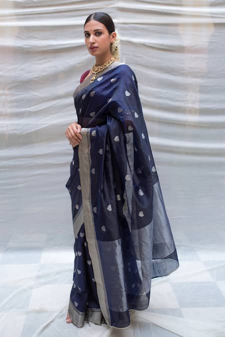 Shop_Priyanka Raajiv_Blue Chanderi Silk Lotus Pattern And Stripe Border Devi Saree _Online_at_Aza_Fashions