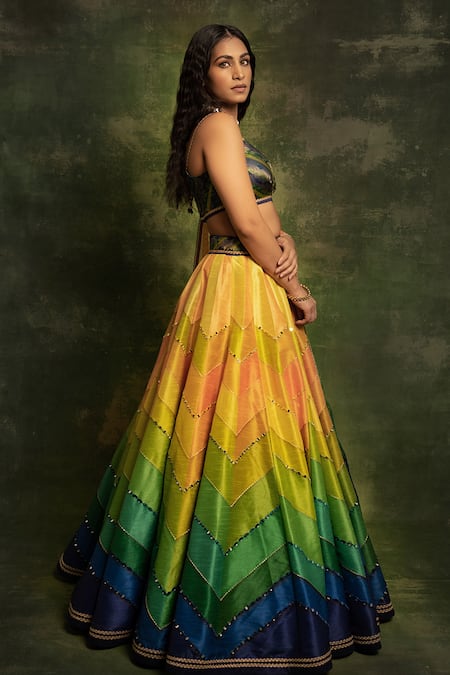 Cedar & Pine_Multi Color Blouse Brocade, Dupatta Organza, Chevron Embroidered Set _Online_at_Aza_Fashions