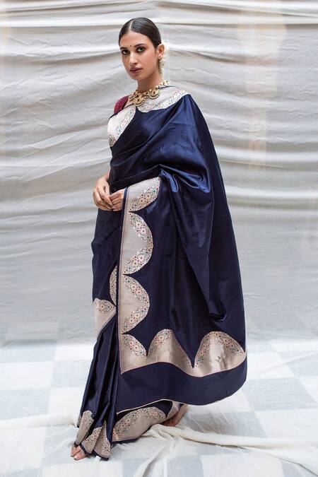 Priyanka Raajiv_Blue Mashroo Silk Scallop Kadua Pattern And & Bhagwati Bordered Brocade Saree_Online_at_Aza_Fashions