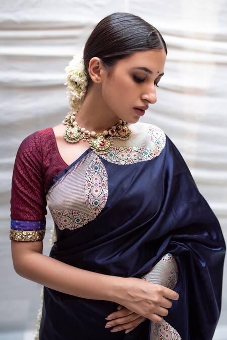 Buy_Priyanka Raajiv_Blue Mashroo Silk Scallop Kadua Pattern And & Bhagwati Bordered Brocade Saree_Online_at_Aza_Fashions