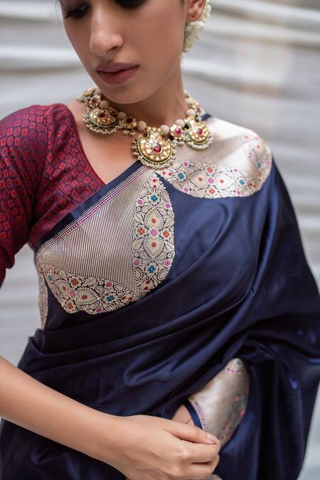 Priyanka Raajiv_Blue Mashroo Silk Scallop Kadua Pattern And & Bhagwati Bordered Brocade Saree_at_Aza_Fashions