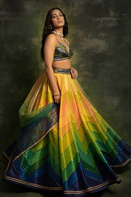 Buy_Cedar & Pine_Multi Color Blouse Brocade, Dupatta Organza, Chevron Embroidered Set _Online_at_Aza_Fashions