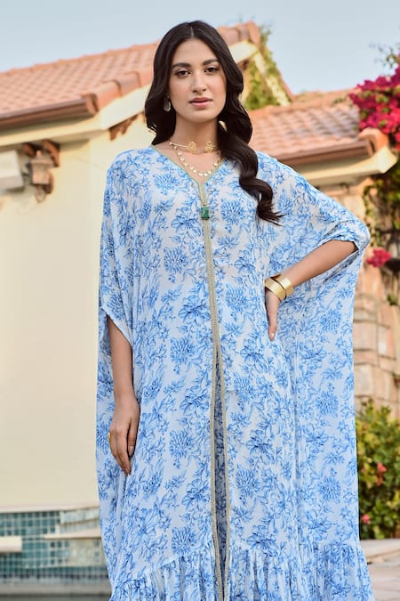 Palak & Mehak_Ivory Embroidery, Zari V-neck Floral Bloom Print Kaftan And Palazzo Set _Online_at_Aza_Fashions