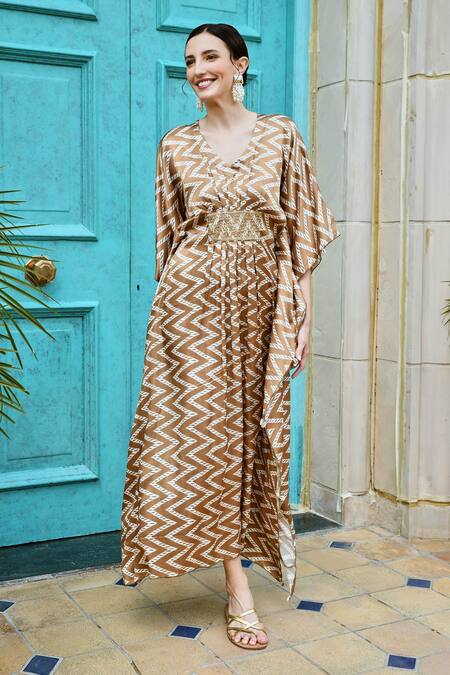 Karaj Jaipur_Brown Gingham Sequins V-neck Chevron Print Kaftan_Online_at_Aza_Fashions