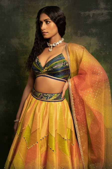 Shop_Cedar & Pine_Multi Color Blouse Brocade, Dupatta Organza, Chevron Embroidered Set _Online_at_Aza_Fashions