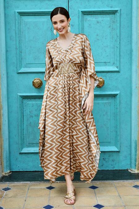 Buy_Karaj Jaipur_Brown Gingham Sequins V-neck Chevron Print Kaftan_Online_at_Aza_Fashions