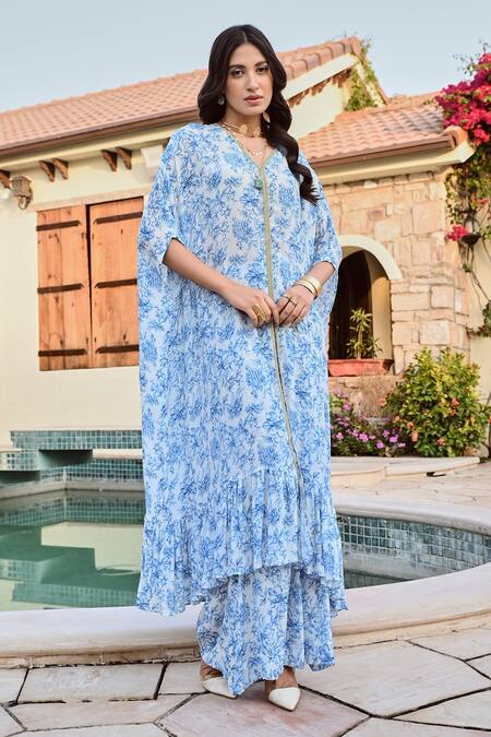 Palak & Mehak_Ivory Embroidery, Zari V-neck Floral Bloom Print Kaftan And Palazzo Set _at_Aza_Fashions