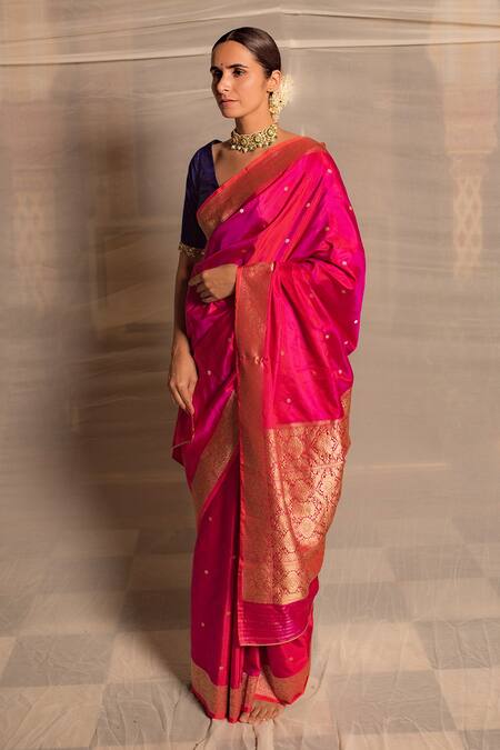Buy_Priyanka Raajiv_Pink Banarasi Silk Vintage Gold Floral Jaal And Multi Color Bhairavi Saree _Online_at_Aza_Fashions